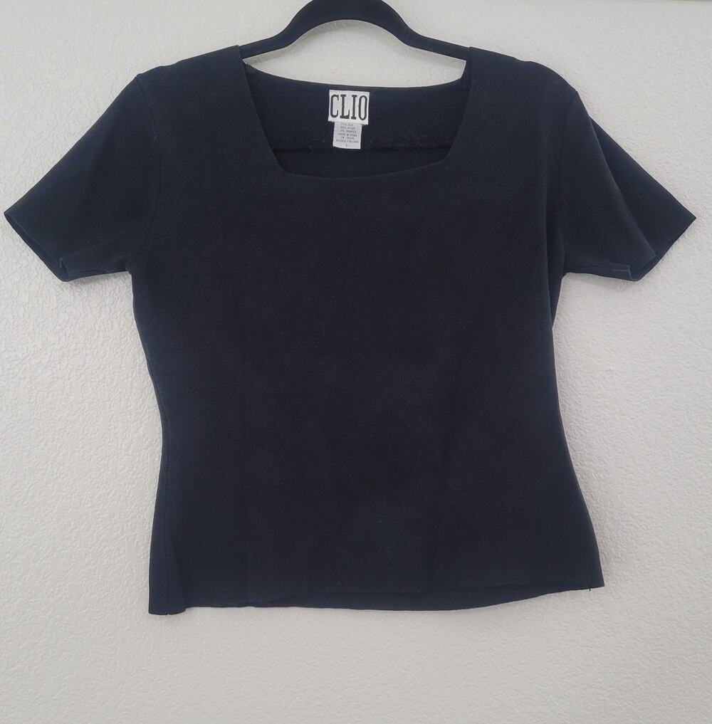Clio Black Silk Blend Square Neck Knit Top Women's Large Short Sleeve Stretch